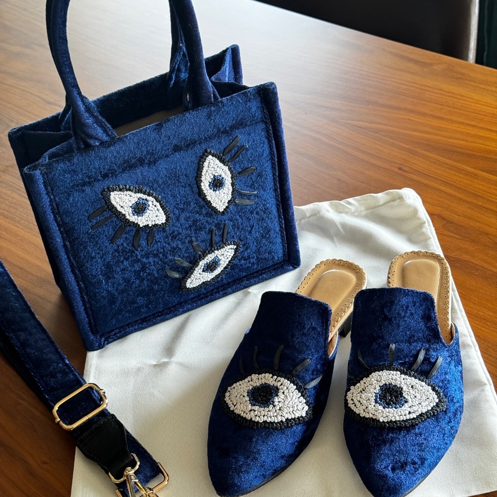Silk Ribbon Embroidered Velvet Mules and Handbag